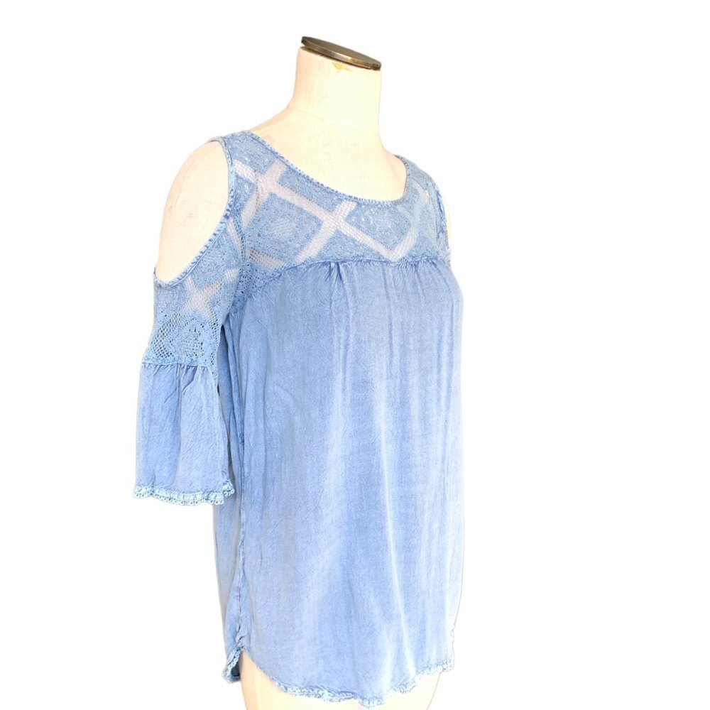 Earthbound‎ Trading Co BOHO Open Shoulder Lace & Chambray Tunic Top S Blue #100J